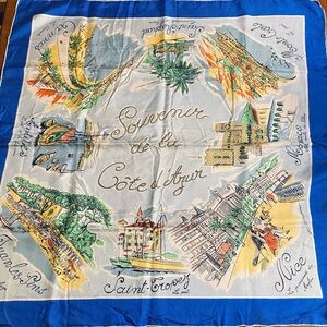 VTG French Riviera Cote d’Azur Souvenir Scarf Monaco Monte-Carlo Cannes 29x29”